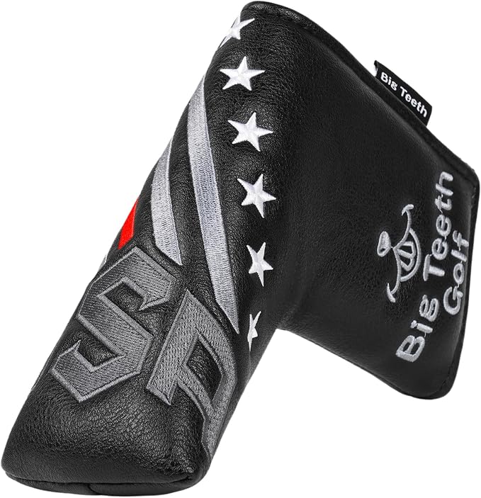 Big Teeth Golf Cover USA Stripe and Star Headcover Covers, Driver Fairway Wood Hybrid Headcovers Fits Blade Mallet Putter Iron and Woods with Magnetic Club Protector Pu Leather Golf Accessories