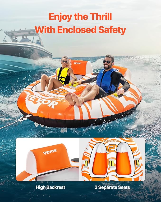 VEVOR Towable Tubes for Boating 2 Person, Inflatable Boat Tubes and Towables with 2 Cockpits, 340lbs Water Sport Tubes for Boat to Pull - with 840D Full Nylon Cover, Padded Grab Handles & Safety Valve
