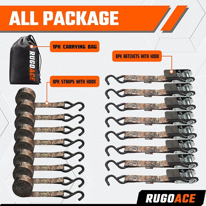 8PK Ratchet Tie Down Straps 1" x 10ft, 300lbs Load Capacity, 900lbs Break Strength, Durable for Moving Appliances, Lawn Equipment, Motorcycles, Cargo Trucks, Trailers & More, Camouflage