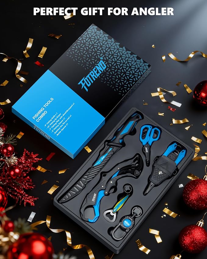 Fishing Tool Kit, Fishing Gear and Gifts for Men | Fishing Plier with Sheath, Fillet Knife, Fishing Scissors, Fish Lip Gripper, Tool Retractor, Keychain Bottle Opener