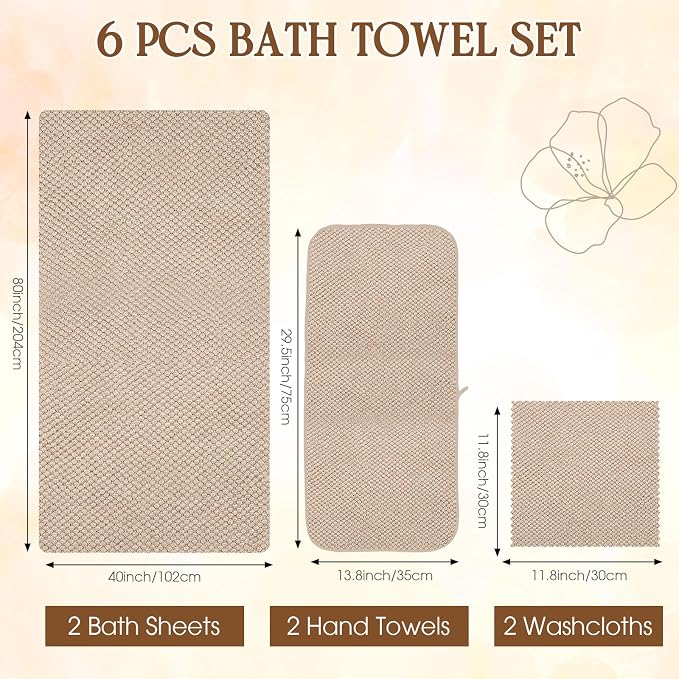 Peryiter Oversized Bath Towels Set of 6 for Adults 40x80 Inches Extra Large Bath Towel Sets Bathroom Sheets Jumbo Shower Towels Quick Dry Absorbent Soft Microfiber for Adults (Khaki)