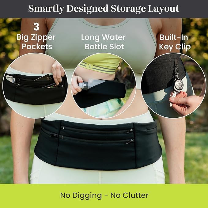 StashBandz Adjustable Running Belt and Travel Money Belt - 3 Large Zippered Pockets + Water Bottle Holder, No-Bounce Fanny Pack with Key Clip, Fits Any Size Phone, Passport & More, Black, X-large