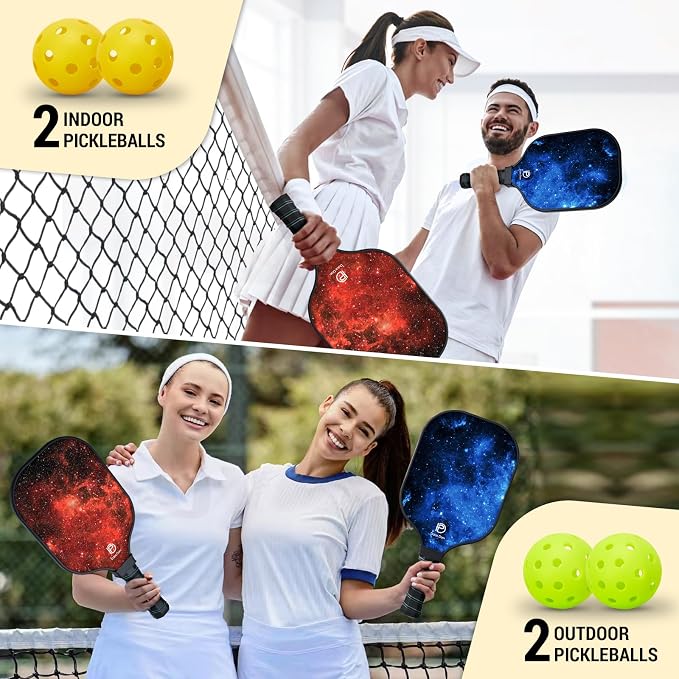 Dulce DOM Pickleball Paddles Set of 2/4 - USAPA Approved, 4 Indoor Outdoor Pickleball Balls, Fiberglass Surface Paddle Racket with Cover Bag, Ideal Training Equipment Gift for Men & Women