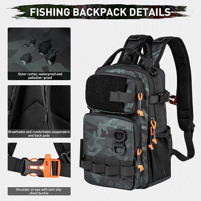 THKFISH Fishing Backpack with Rod Holder, Fishing Tool Kit, Water-Resistant Bag With Fishing Lures Kit, Fishing Tackle Box and Pliers Set for Men Women (Black Camo-87pcs)