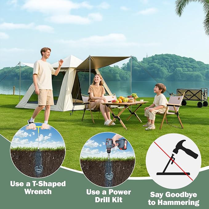 Tinnmao 4-Pack 17.7" Tent Stakes Heavy Duty, with 8" Ratchet Tie Down Straps (1/8" φ) Kit for High Wind, 8mm Solid Steel Spiral Ground Anchors Screw in for Tarp | Canopy | Sand Beach Camping Tent