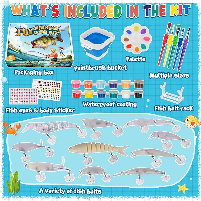 THKFISH DIY Fishing Lure Kit - Kid-Friendly Lure Making kit Customizing Lures, Includes Paint & Brushes, Perfect Fishing Gifts and Crafts for Kids, Tackle Box Must-Have (10PCS)