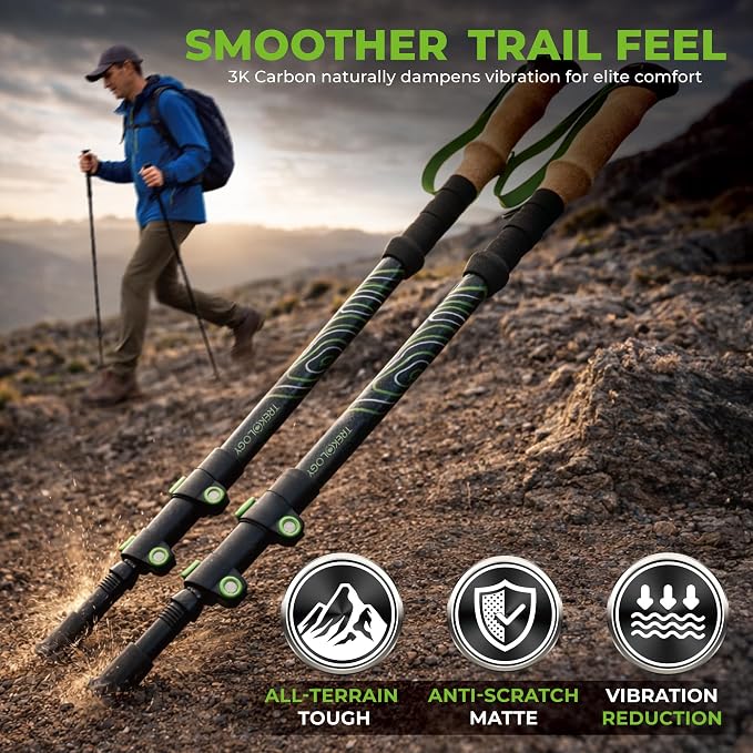 Trekology 3K Carbon Fiber Trekking Poles (210g) - Pair of Ultralight Hiking Poles with Cork Grips, Collapsible Telescopic Walking Sticks, Metal Flip-Locks & 10pc All-Terrain Accessory Kit