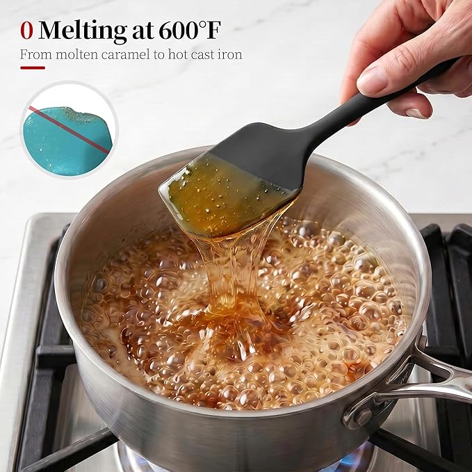 600ºF Heat Resistant Spatulas, High Heat Food Safe Semless Kitchen Silicone Scraper Set for Cooking Baking Mixing Scraping Stirring Nonstick Cookware Pan Bowl (4Pcs,Black)