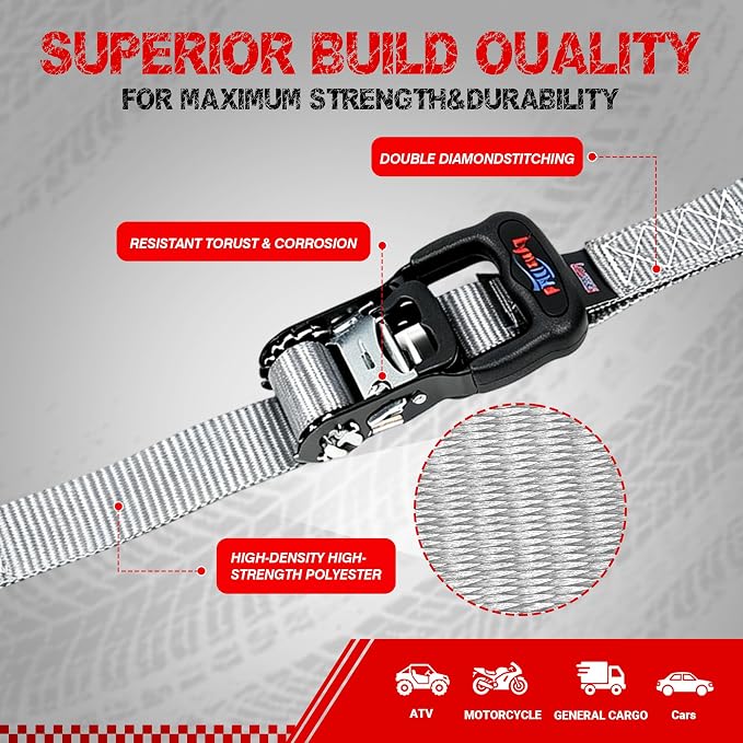 Ratchet Tie Down Straps, 5280lbs Break Strength, 1.6" x 16' Heavy Duty Ratchet Tie Down Strap Set with Padded Handles, Coated S Hook, Soft Loop for Trucks, ATV, UTV, Motorcycle, Cargo & More - Gray