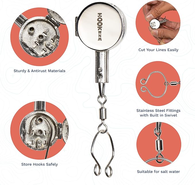HOOK-EZE Fishing Knot Tying Tool(Standar-Metal), Fishing Knot Tying Cards to 8 Essential Fishing Knots, Come with A Fly Fishing Zinger Retractor