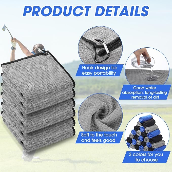 Batiyeer Golf Towels Bulk for Bags, 16"x16" Microfiber Waffle Pattern Golf Towel with Clip for Tournament, Club, Fitness