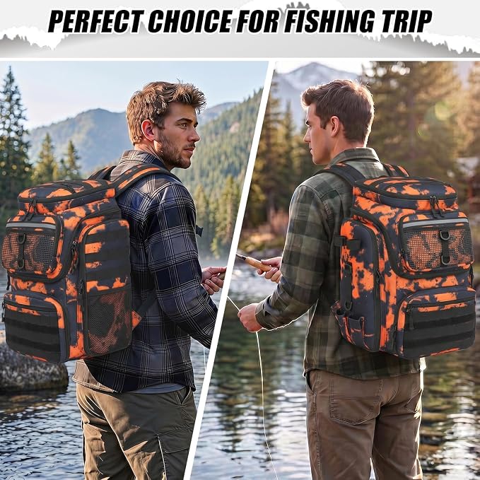 HAMBOLY Fishing Backpack 45L with Rod Holders, Water-Resistant Tackle Backpack for Fishermen, Large Capacity Fishing Gear Bag for Travel Hiking Camping