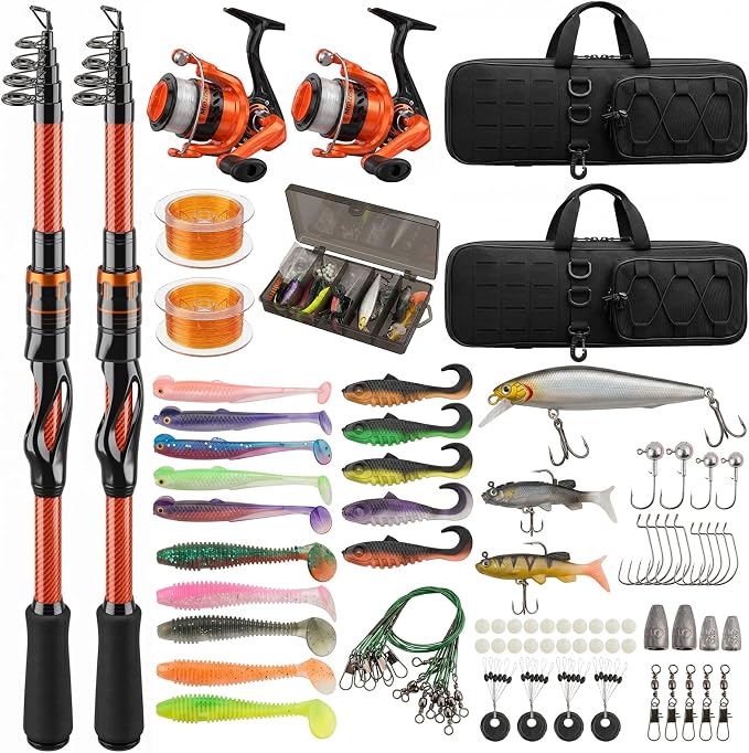 Fishing Rod and Reel Combos, 2PCS Telescopic Fishing Rod | Spinning Reel Set with Carrier Bag, Freshwater Fishing Rod and Reel Combos Kits for Saltwater and Freshwater Fishing
