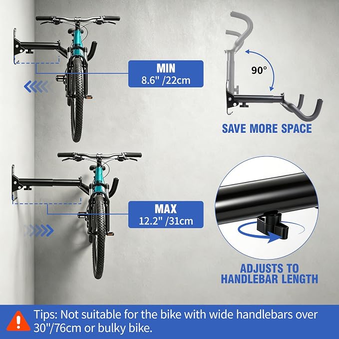 2 Pack Bike Wall Mount, Horizontal Bike Rack garage, Cycling Wall Mounted Holder Hook - Heavy-Duty Adjustable Bike Wall Hanger for Road, Mountain and Hybrid Bikes in Garage Apartment & Home