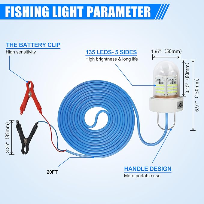AGOOL Underwater Green Fishing Light Super Bright 80W 40000 Lumens 12V LED Deep Drop Night Fishing Light Submersible Fishing Bait Finder Shrimping Lights for Snook Crappie Shrimp Squid Fish