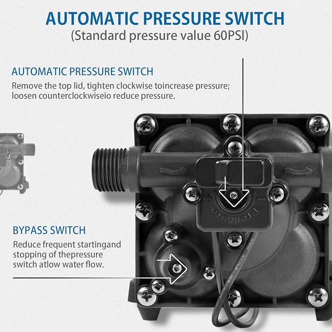 WASSERMANN Water Pressure Pump 115 Volt AC 5.5GPM 60PSI,Water Pump Self Priming Diaphragm Pump with Pressure Switch for Kitchen Bathroom Marine Yacht Garden