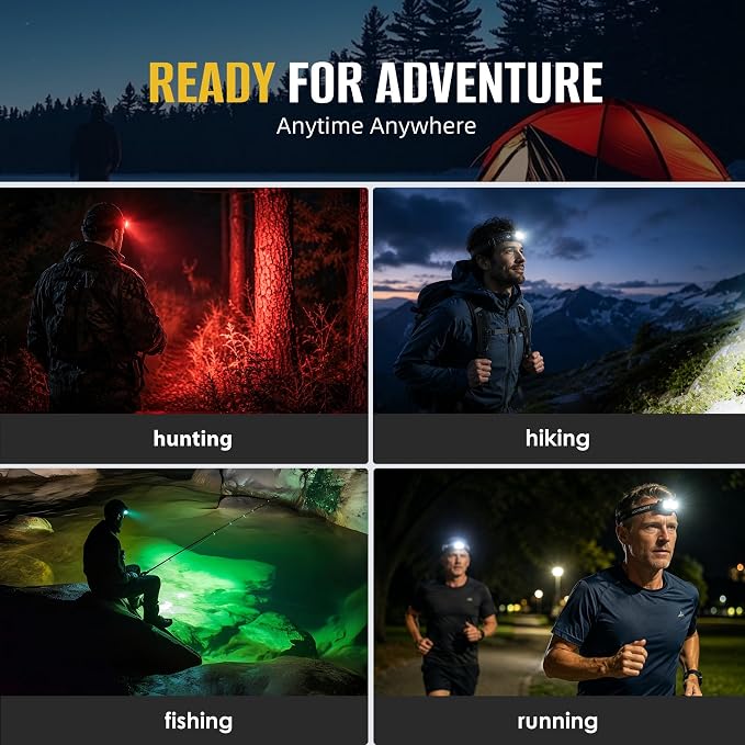 HOKOILN LED Headlamp Rechargeable with Green & Red Light -1300 Lumen Ultra-Bright Flashlight Headlight for Camping, Running, Hiking, Fishing - Waterproof with 7 Modes