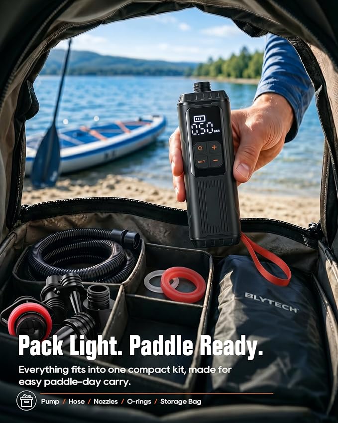 Mini Paddle Board Pump, Portable SUP Air Pump with Battery, Lightweight Electric Inflator 12 PSI Auto Shut-Off, USB-C Rechargeable for Paddle Boards, Kayak, Pool Floats