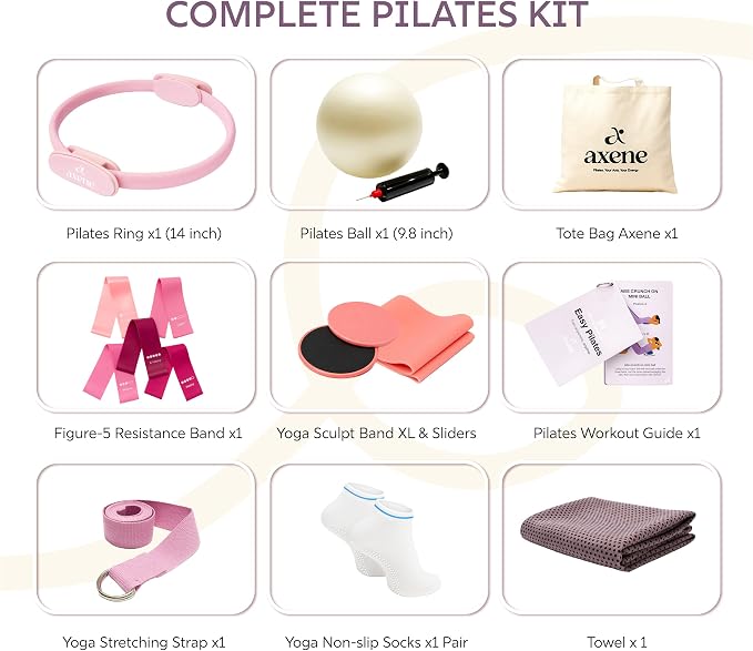 Axene Pilates Ring Kit for Home Workouts – 14" Magic Circle, Pilates Equipment Set for Women | Resistance Bands, Core Sliders, Non-Slip Socks, Bilingual Guide & Carry Bag