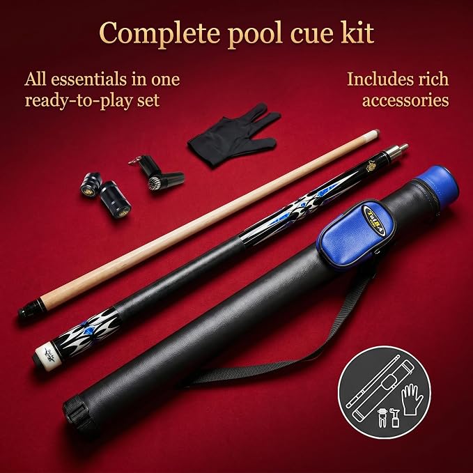 Tai ba cues 2-Piece Pool cue Stick + Hard Case, 13mm Tip, 58", Hardwood Canadian Maple Professional Billiard Pool Cue Stick 18,19,20,21,22 Oz Pool Stick (Selectable)-Blue, Black, Red, Gray, Green