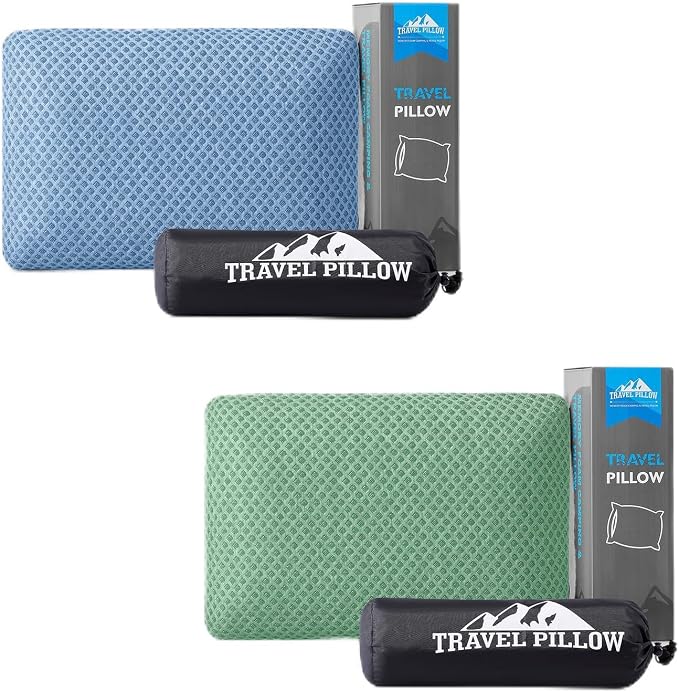 Travel Pillow Memory Foam Pillows, Blue M Size, Green M Size, Ideal Backpacking Hiking, Bed Pillows, Airplane and Car