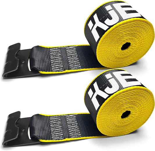 KJE 2 Pack Reflective 4 Inch Straps for Flatbed Trailer, 4" x 30' Black Heavy Duty Tie Down Truck Flatbed Straps, WLL# 5,500 lbs w/Flat Hooks Winch Straps, Cargo Control for Flatbed Truck