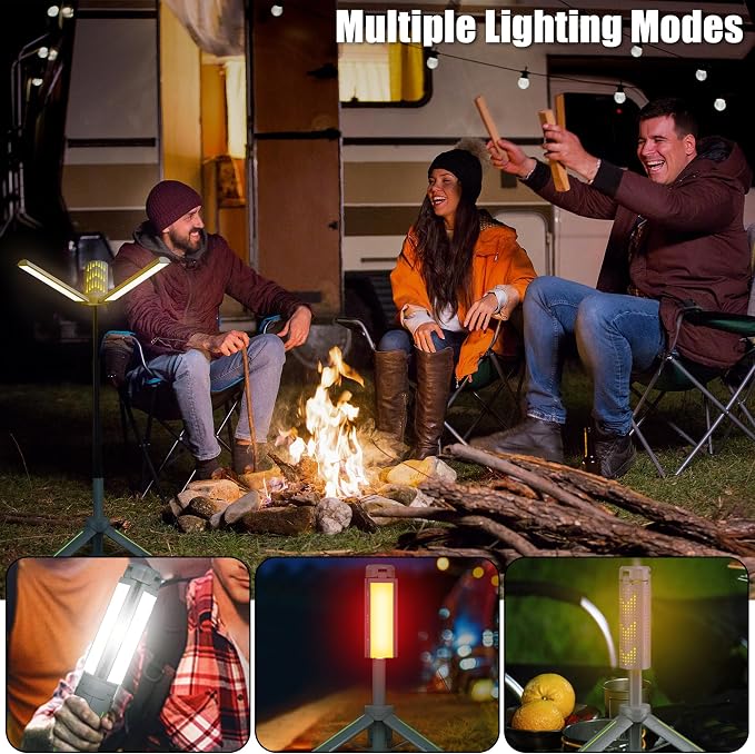 Rechargeable Camping Lights with Stand - Telescopic Cordless Work Lights with 3 LED Lamp Heads, Dimmable Emergency Tripod Flashlight, Portable Outdoor Lantern for Garage Power Outages Fishing
