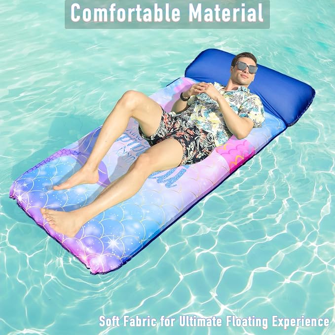 FindUWill Oversized Pool Float Lounge, 72" X 37" Extra Large Fabric-Covered Pool Floats for Adults, Inflatable Contour Lounger with Headrest Ultra-Comfort Cooling Pool Raft (XL, Monstera)