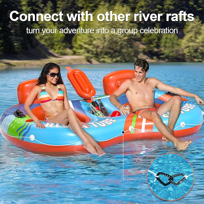 Inflatable River Tube Float, 2 Person Heavy Duty River Pool Floats Adults with 2 Cup Holders Premium Lake Water Tubes for Floating, Outdoor River Raft Sport Fun