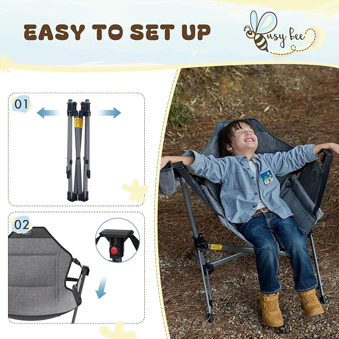 BusyBee Hammock Camping Chairs for Kids, Folding Kids Chair with Stand, Child Camping Gear, Hammock Swing Chair with Cup Holder & Carrying Bag for Outdoor, Lawn, Hiking, Indoor, Supports 125 LBS, Grey