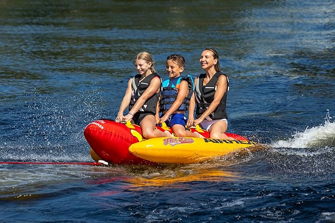 Airhead Hot Dog Towable Tube for Boating, 1-5 Rider Inflatable Boat Tube for Water Tubing, Full Nylon Cover, EVA Padding, Foam Padded Handles w/Neoprene Knuckle Guard, Speed Safety Valve