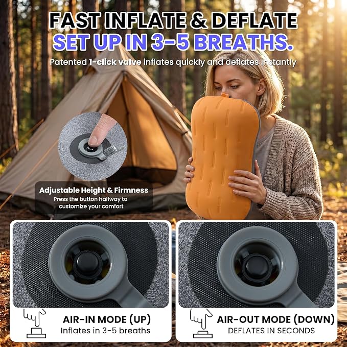 Inflatable Camping Pillow - Ultralight Compact Air Pillow for Travel, Backpacking & Hiking - Ergonomic Neck & Lumbar Support - Portable Inflatable Pillow with Removable Washable Cover - (Orange)