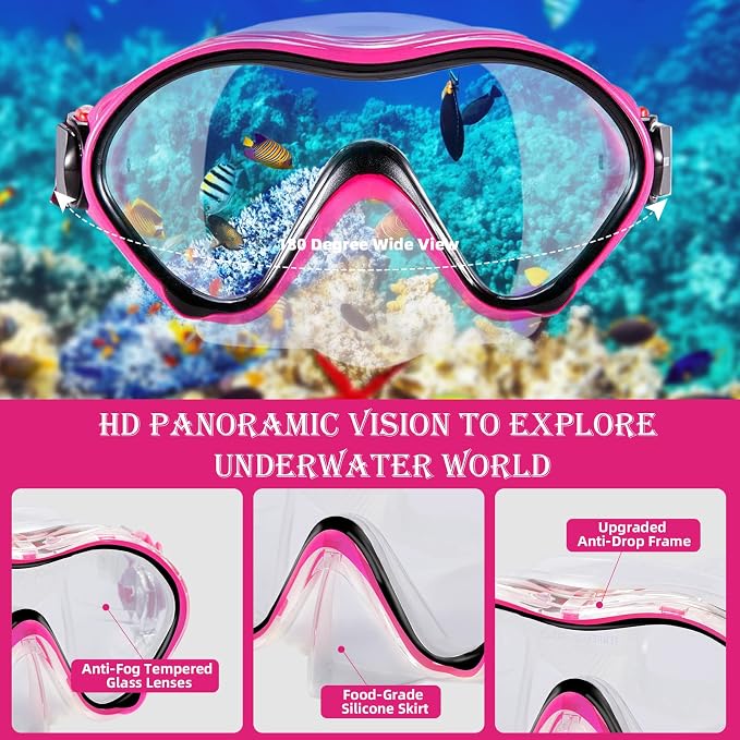 Kids Snorkeling Set - Adjustable Flippers + Panoramic Snorkel Mask + Dry Snorkel Tube + Travel Bags - Suitable for Kids & Juniors, Age 5-14
