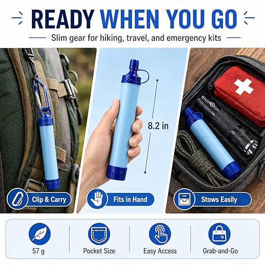 Water Filter, Survival Filtration Portable Gear, Emergency Preparedness, Supply for Drinking Hiking Camping Team Family Outing (1PCS)