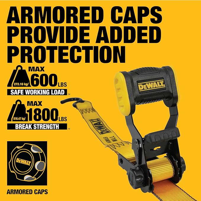 DEWALT DXBC18002-8PK Black/Yellow 1.25" x 12' Ratchet Tie Down Straps - Light-Weight Cargo Hauling (1800 lb Break Strength), 8 Pack