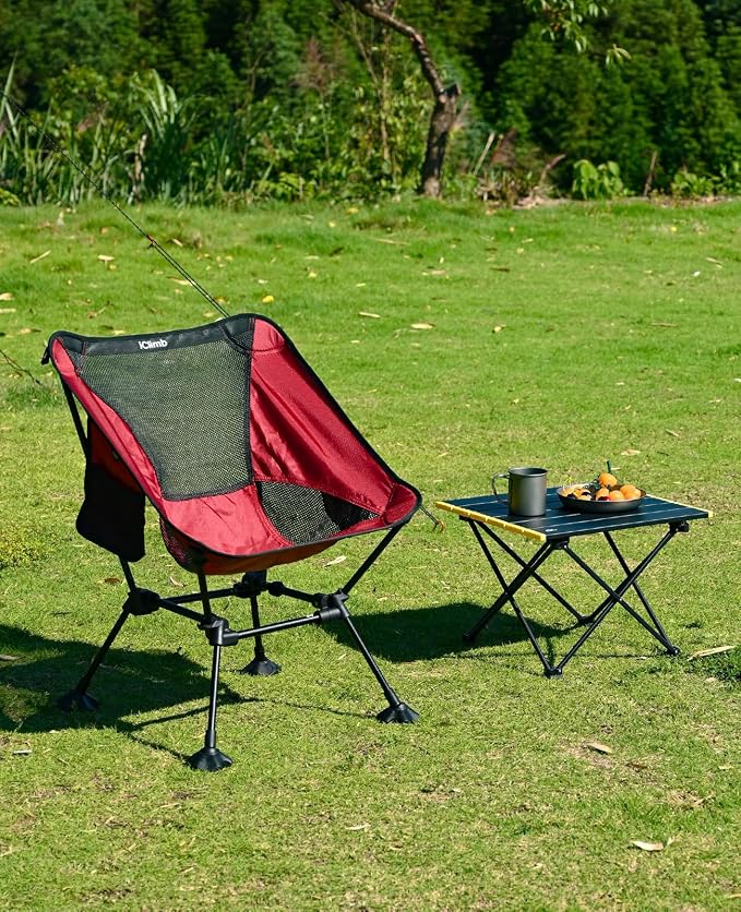 iClimb Ultralight Compact Camping Folding Beach Chair with Anti-Sinking Large Feet and Back Support Webbing (Red - Square Frame)