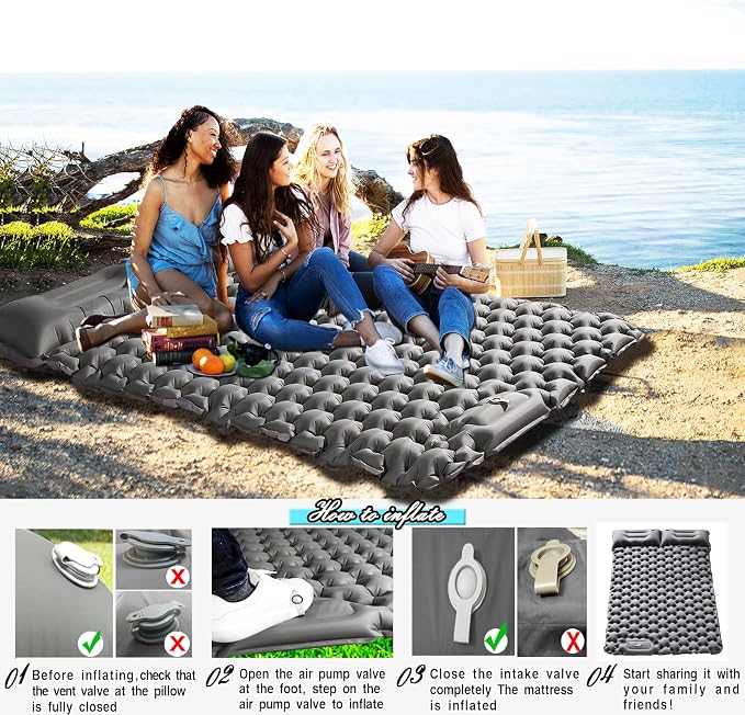 Double Sleeping Pad for Camping - 4" Extra Thick Self Inflating Air Mattress for 2 Person with Built-in Pillow & Foot Pump, Waterproof Inflatable Sleeping Mat for Backpacking Tent Hiking Travel