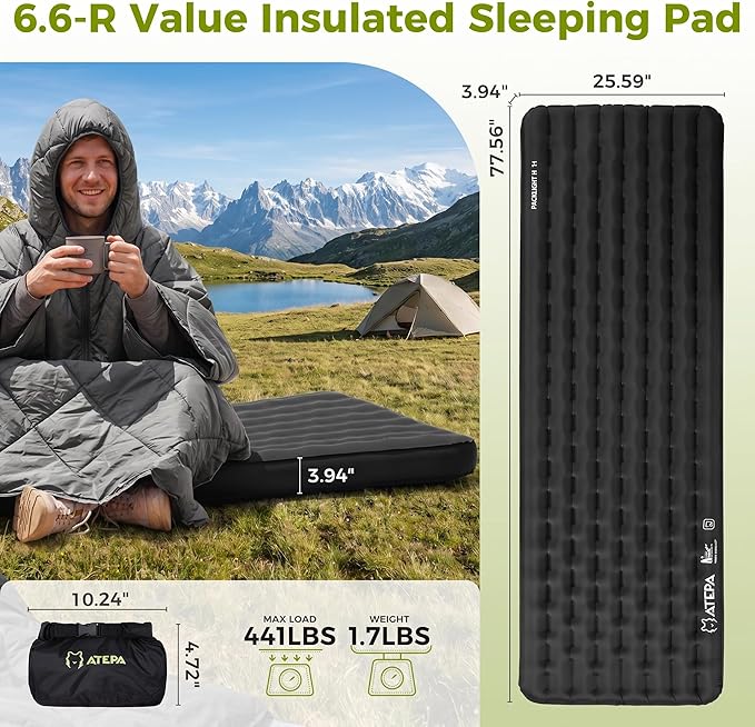 ATEPA ThermAir Pro Insulated Sleeping Pad for Backpacking, 6.6 R-Value 4” Thick Ultralight Quiet Camping Air Mattress with Pump Sack, Wide Long 77”x25”, 4-Season Sleeping Mat for Hiking Travel, Black