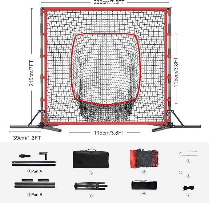 Baseball and Softball Practice Net, 7×7ft Portable Heavy-Duty Baseball Training Net for Hitting Batting Catching Pitching with 25mm Steel Frame and Carry Bag, Mutil-Sport Equipment Training Net