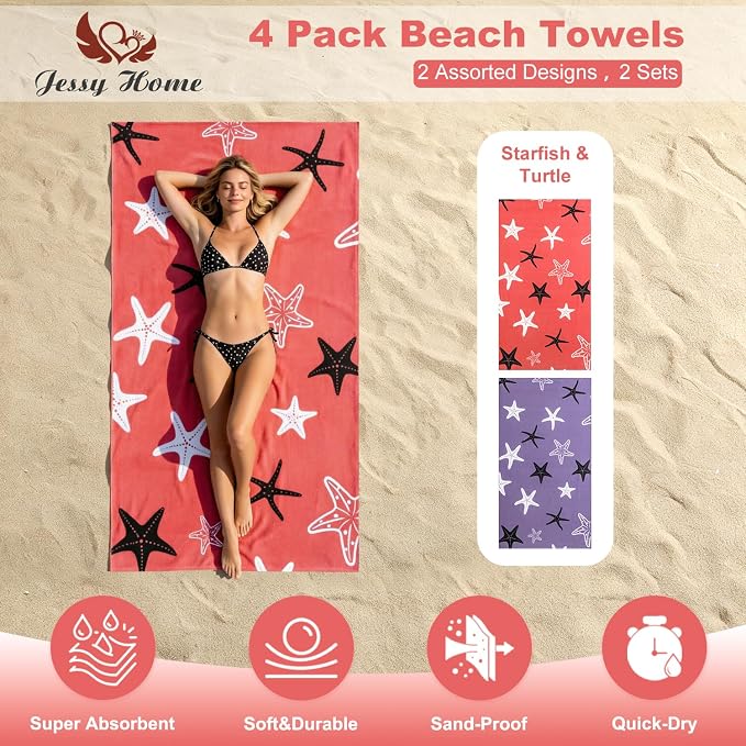 Jessy Home Microfiber 4 Pack Beach Towel Set, 40x70in Oversized Beach Towel, Quick-Dry Sand-Free Highly Absorbent Swim Towel, Soft Pool Towel, Marine Mixed Prints of Starfish & Sea Turtle for Vacation