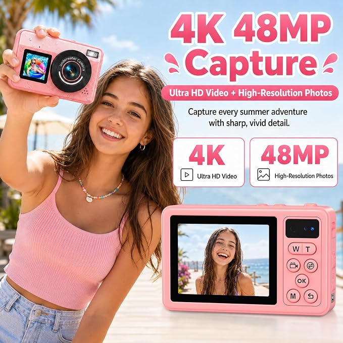 Maxmango D70 Underwater Camera, 10FT Waterproof Digital Camera for Pool & Beach, 4K 48MP Teens Underwater Cam with Dual Screens, Autofocus, 18X Zoom, Floating Camera for Boys Girls Pink(16GB)