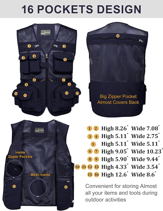 Flygo Men's Fishing Vest Utility Lightweight Outdoor Travel Safari Photo Cargo Vest with 16 Pockets