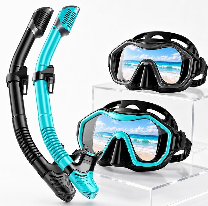 Snorkeling Gear for Adults Kids, Dry-Top Snorkel Set, 180°Panoramic Wide View Diving Mask Breathing Freely Snorkel Mask for Snorkeling Scuba Diving Swimming Travel