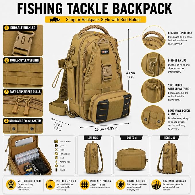 Tovra Fishing Tackle Backpack with Rod Holder & Removable Storage Pouch – Waterproof Sling Bag, Fits Up to 3 3700 Tackle Boxes, MOLLE Fishing Backpack for Rods, Pliers, Water Bottle & Outdoor Gear