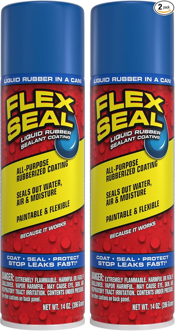 Flex Seal, 14 oz, 2-Pack, Blue, Stop Leaks Instantly, Waterproof Rubber Spray On Sealant Coating, Perfect for Gutters, Wood, RV, Campers, Roof Repair, Skylights, Windows, and More