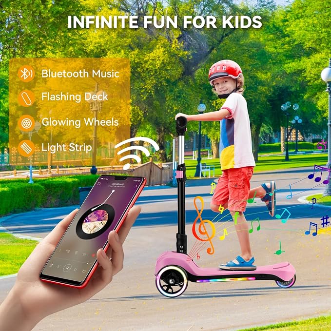 Electric Scooter for Kids w/150W Powerful Motor, Thumb Throttle, LCD Screen, Bluetooth, Light-Up Stem Deck & Wheels, 3 Adjustable Heights, 5MPH Safe Speed, 3 Wheel Electric Scooter for Kids