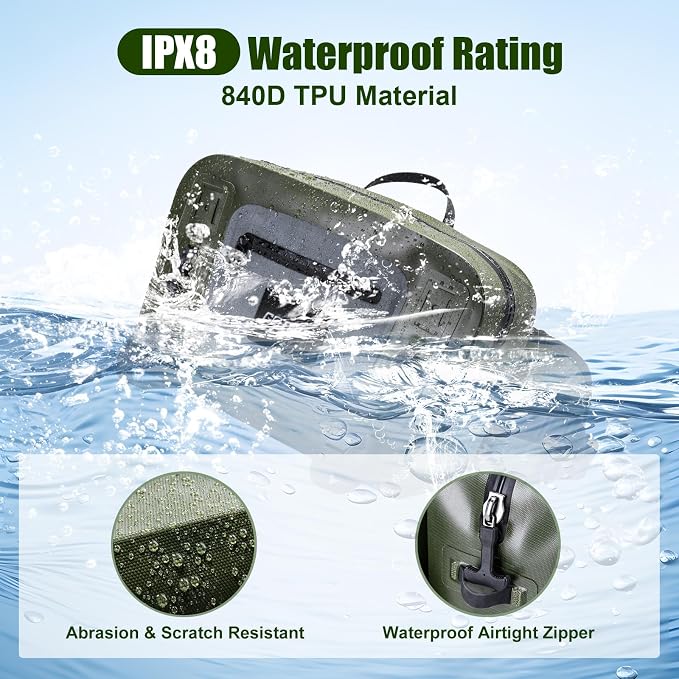Goture Waterproof Fishing Waist Pack, IPX8 840D TPU Large Tackle Bag with Rod Holder, Airtight Zipper Closure, Fly Fishing Bag with Adjustable Waist Strap, Sling Fanny Pack with 16pcs Popper Flies
