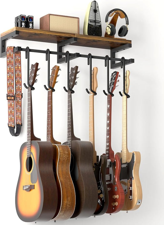 Keebofly Guitar Wall Mount Hangers Holds 6 Guitars with Rustic Shelf - 6-Detachable Guitar Hooks Universal Fit for Acoustic, Electric, Bass Guitars & Ukulele (Brown)