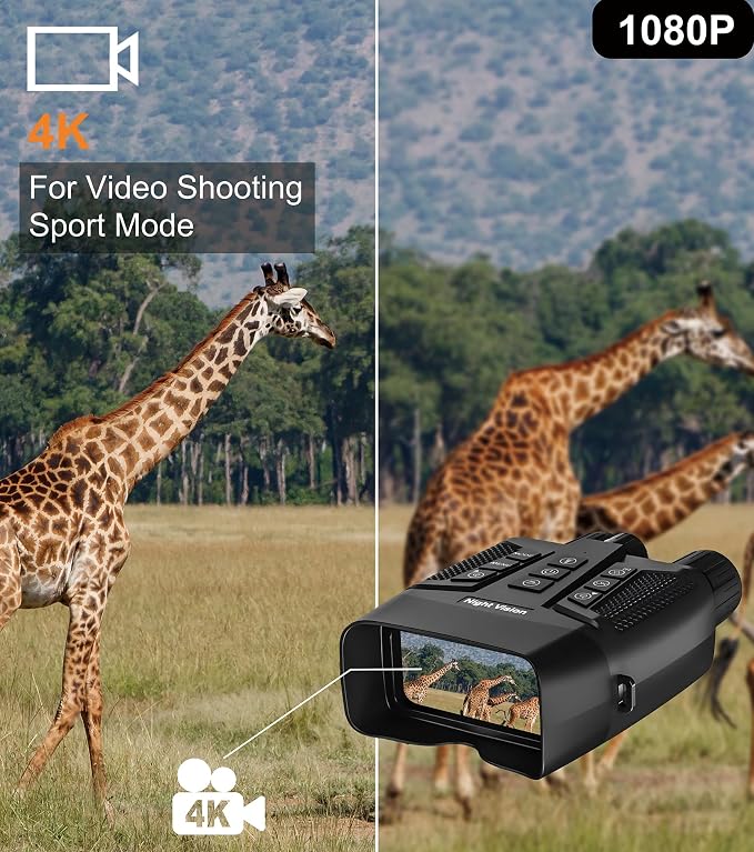 4K Night Vision Binoculars for Adults: 3’’HD Screen, 56MP Night Photos, 8X Zoom, 3 IR Modes, 5000mAh Battery, 64GB Card Included, Night Vision Goggles for Wildlife Observation & Surveillance