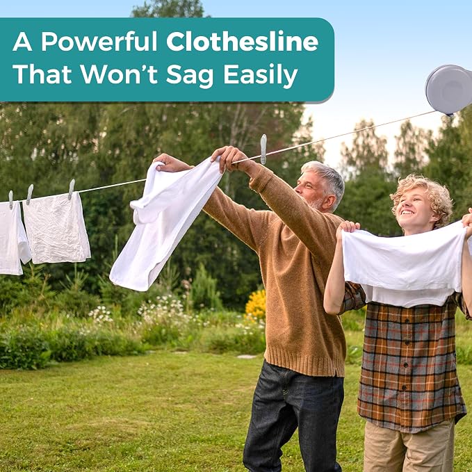 JS HANGER Retractable Clothesline Outdoor Indoor Laundry Line - 49 FT / 15M Single Lines Heavy Duty Wall Mounted Washing Line, Grey Portable Clothes Drying Line with 24pcs Free Pegs